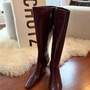 SCHUTZ Croc-Embossed Over-the-Knee Boots in Burgundy - NEW